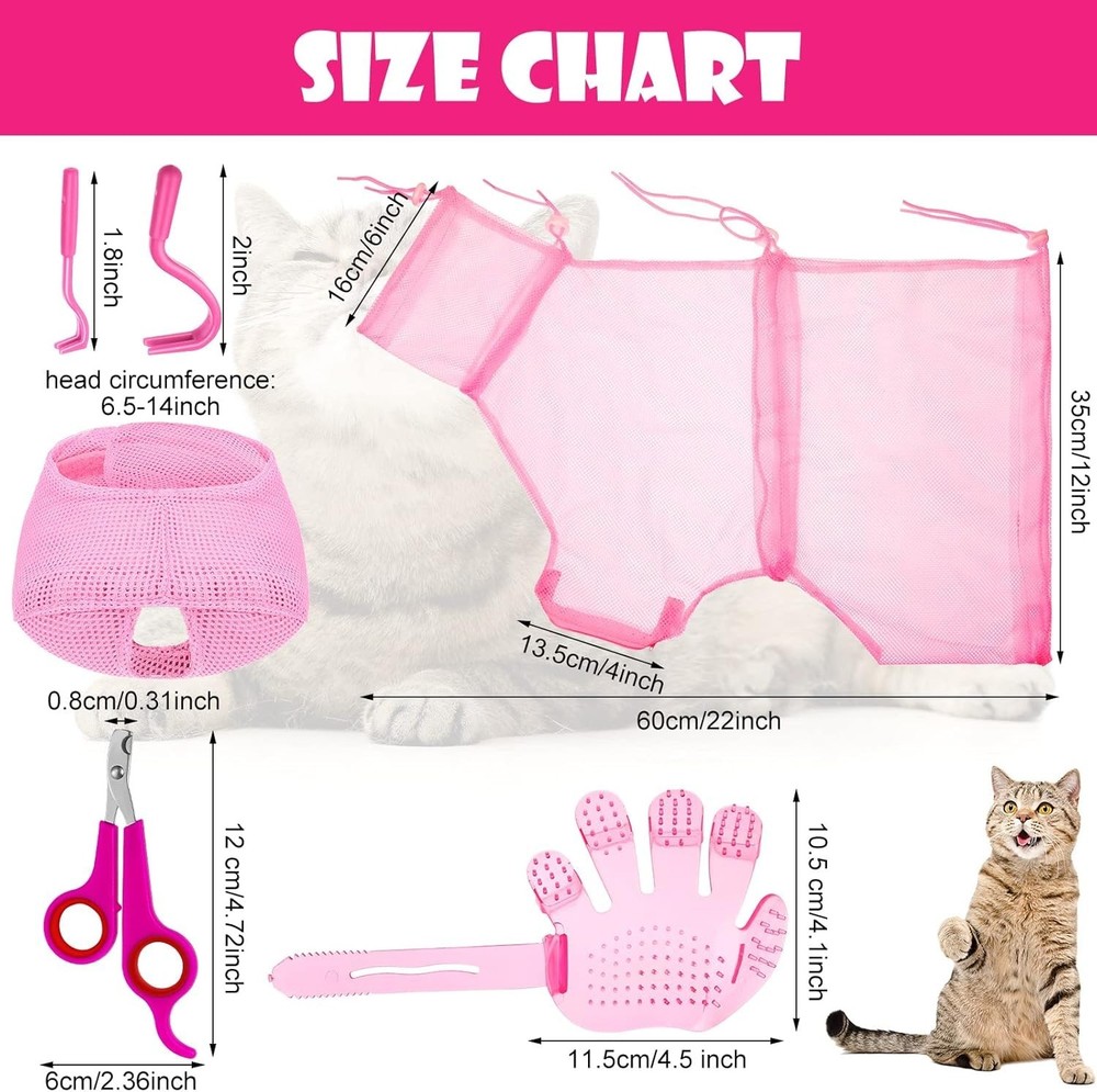 Pink Cat Bathing Set: 5 Essential Tools including Muzzle & Grooming Bag - Large