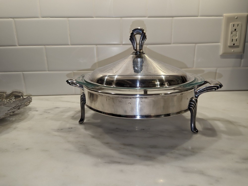 Vintage silver Plate Covered Casserole Dish w Pyrex Insert