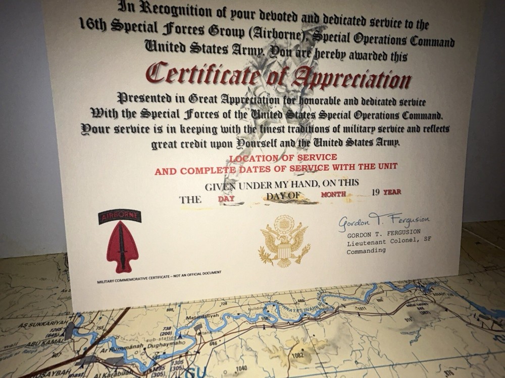 U.S. ARMY - 16TH SPECIAL FORCES GROUP (ABN) CERTIFICATE OF APPRECIATION