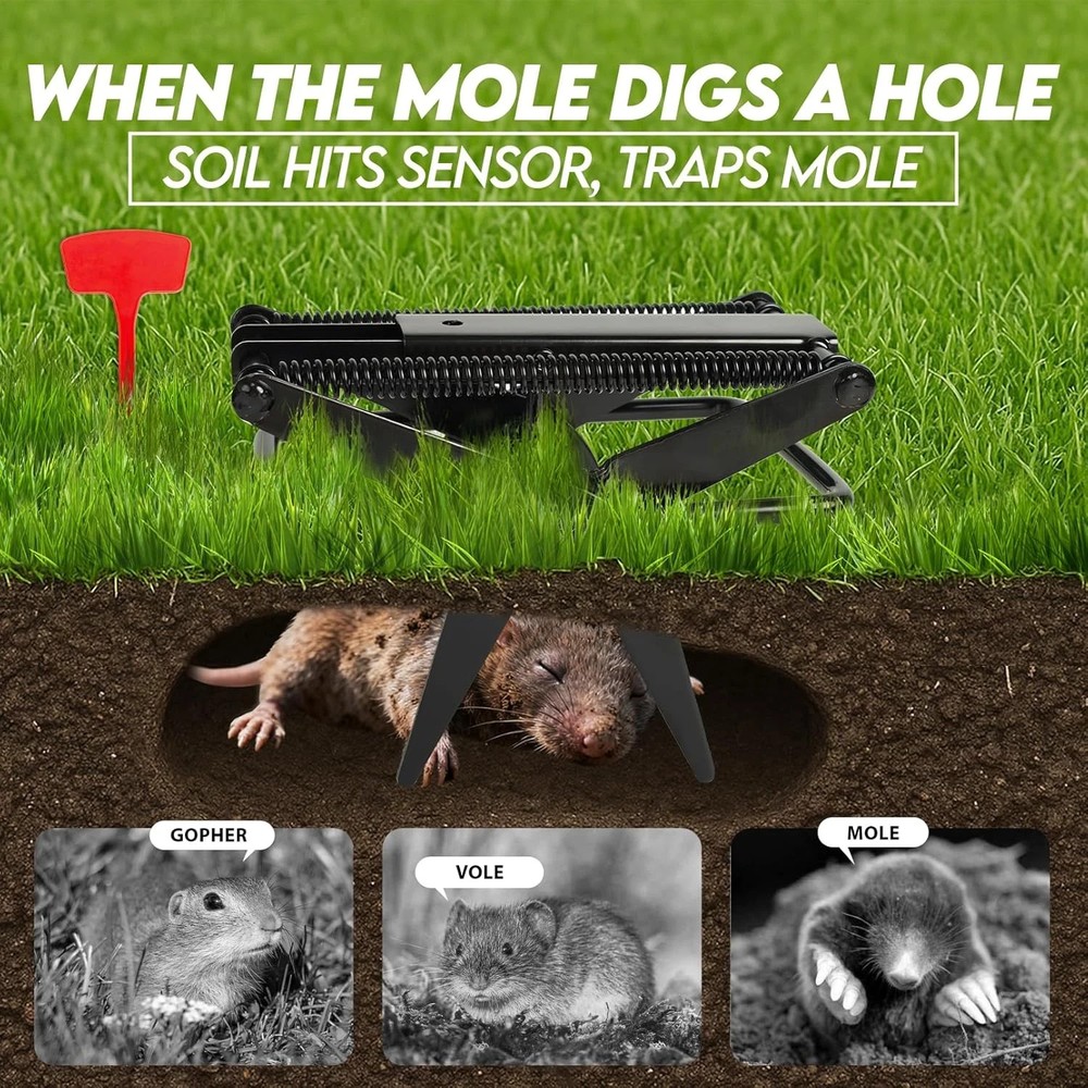 2 Pack with 4 Flags- Stainless Steel Ground Mole Traps, Easy Step Setup Mole Kil