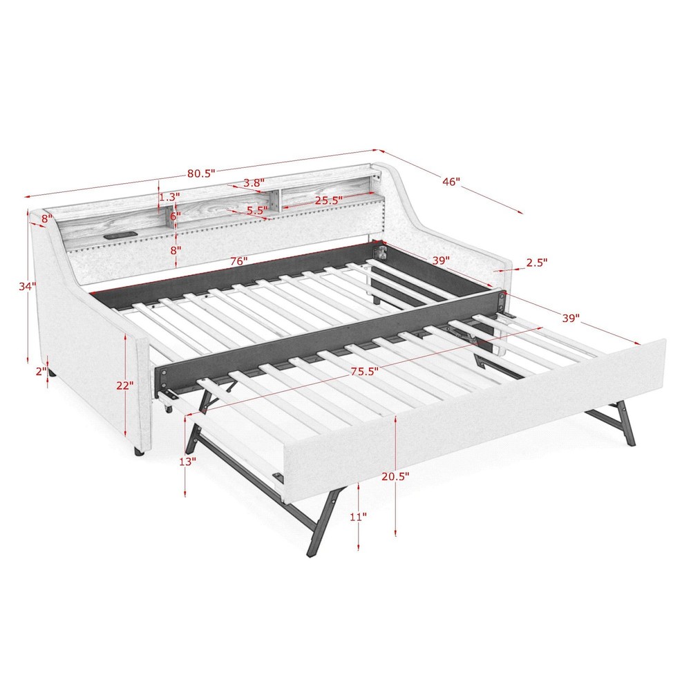 Twin Size Upholstery Sofa Bed with Three LED lights, with Storage Adjustable Hea