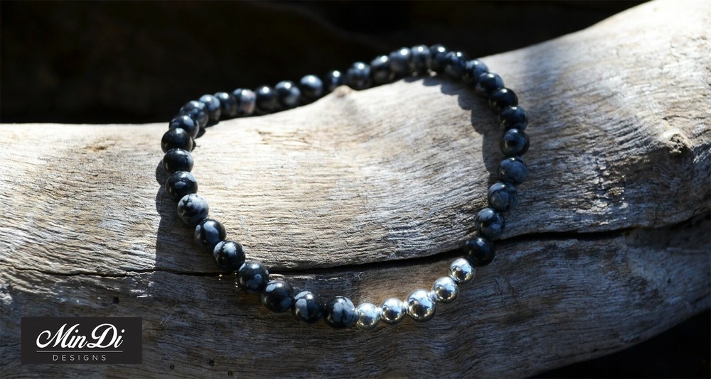 Stretch Bracelet with Sterling Silver, Obsidian Snowflake.