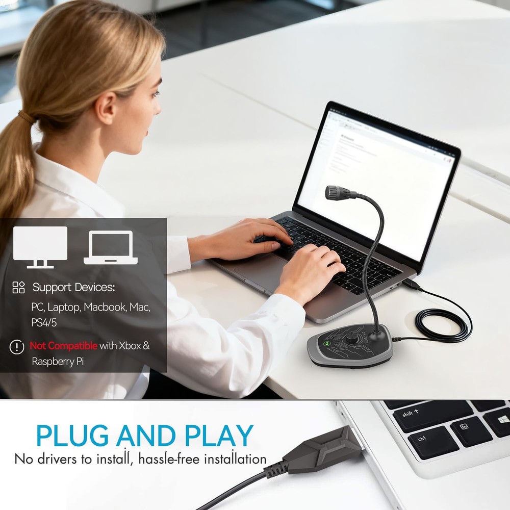 USB Computer Microphone, Microphone for pc with RGB Light, Mute Function, Noi...