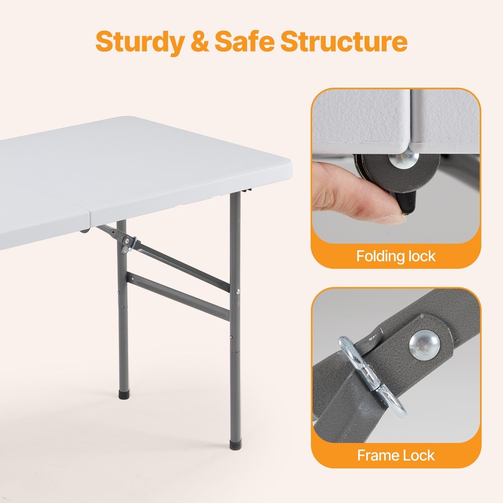 4 FT Folding Table Plastic Portable Fold-in-Half Table Heavy Duty for Camping...