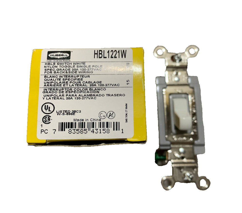 HUBBELL HBL1221W Wall Switch: Toggle Switch, Single Pole, White, 20 A