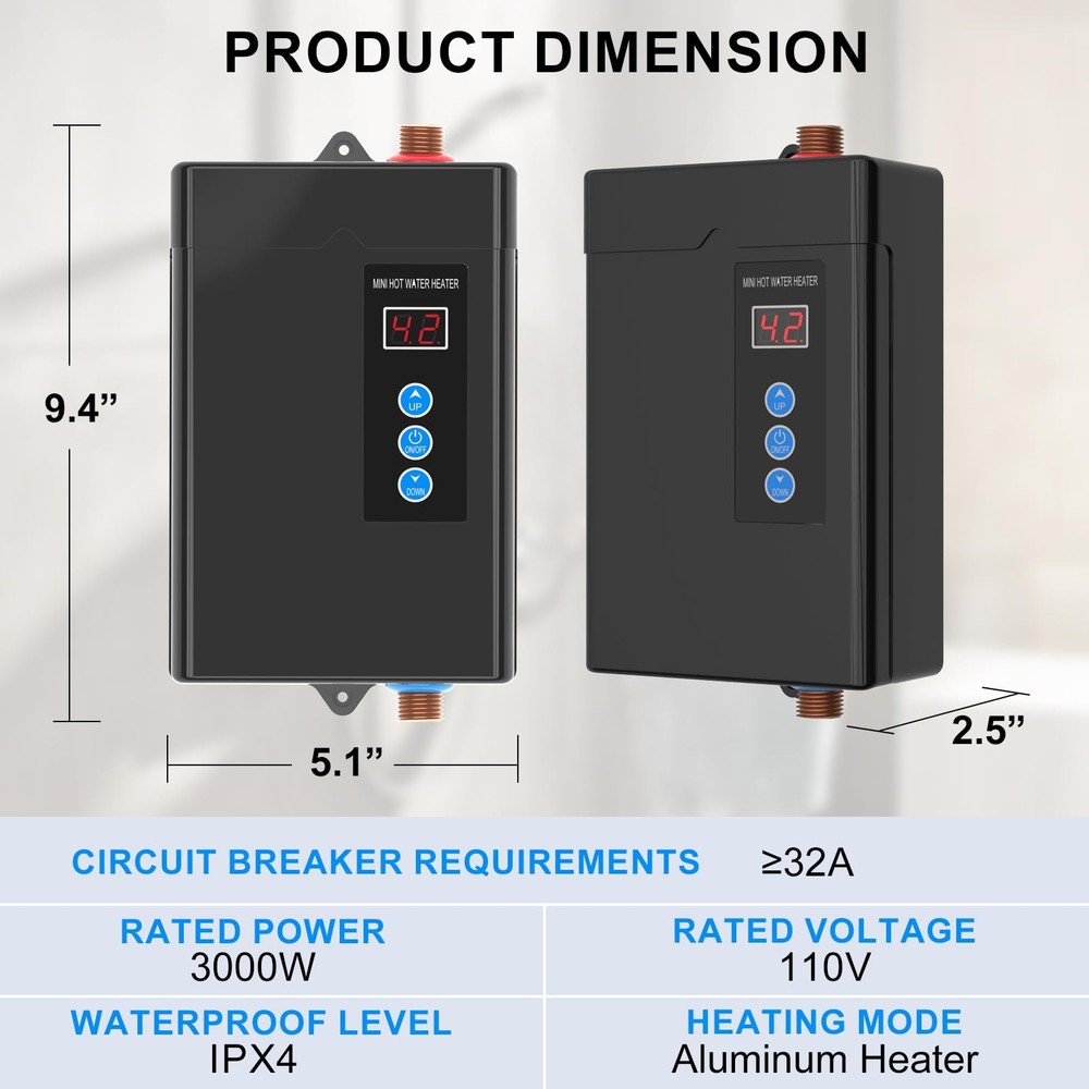 3KW Electric Tankless Water Heater, 110V High Efficiency, On-Demand Hot Water...