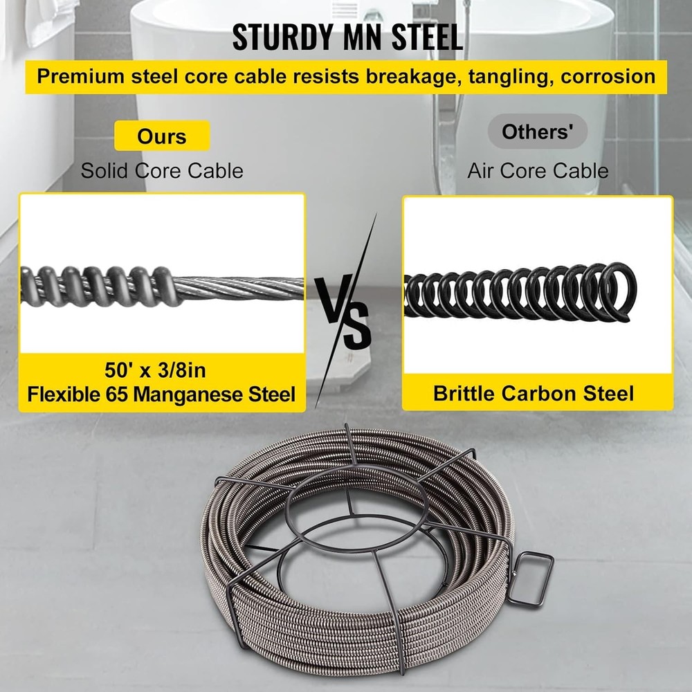 Drain Cleaning Cable 50ft x 3/8in Solid Core Sewer Drain Auger Snake