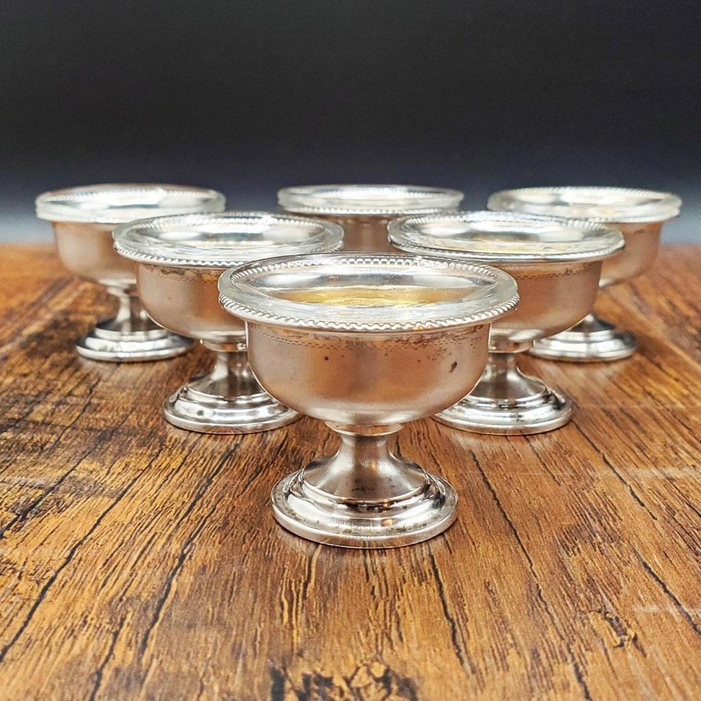 6 Tiny German 800 Silver Personal Salts Bead Edge Salt Cellar 1 3/8"