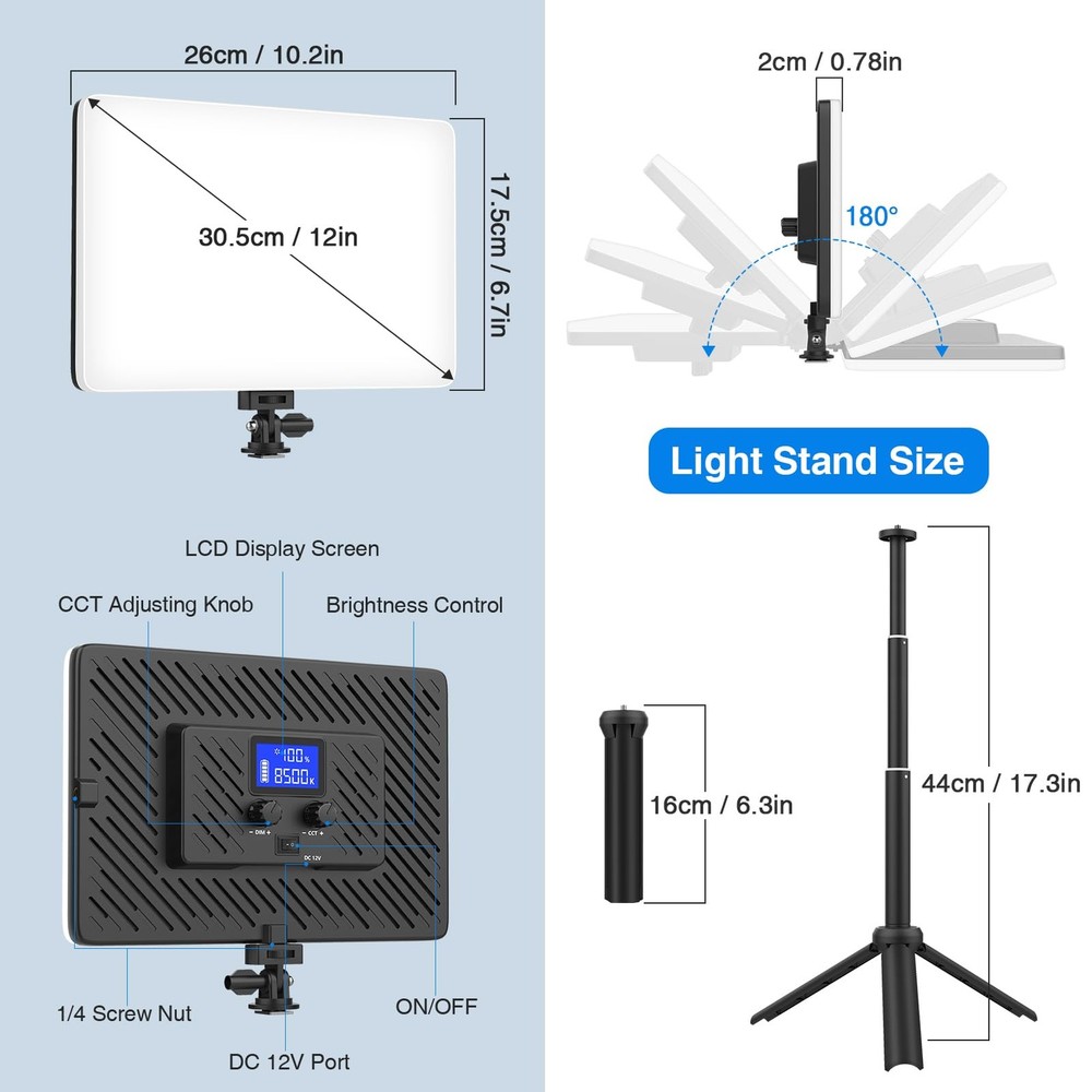 Led Video Light Panel Light with Extendable Tripod, 4000mAh Rechargeable Ligh...