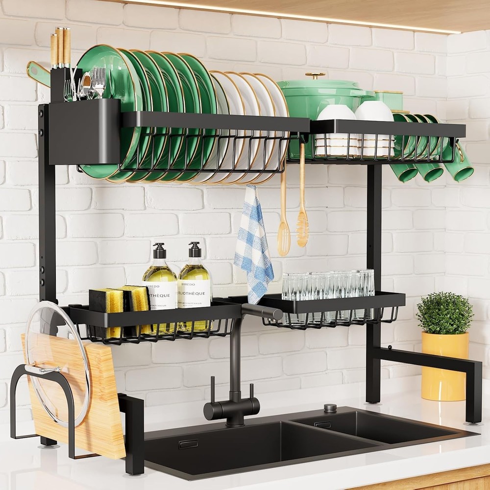 2-Tier Over Sink Dish Drying Rack, Adjustable 21.5"-33.9" - Kitchen Space Saver