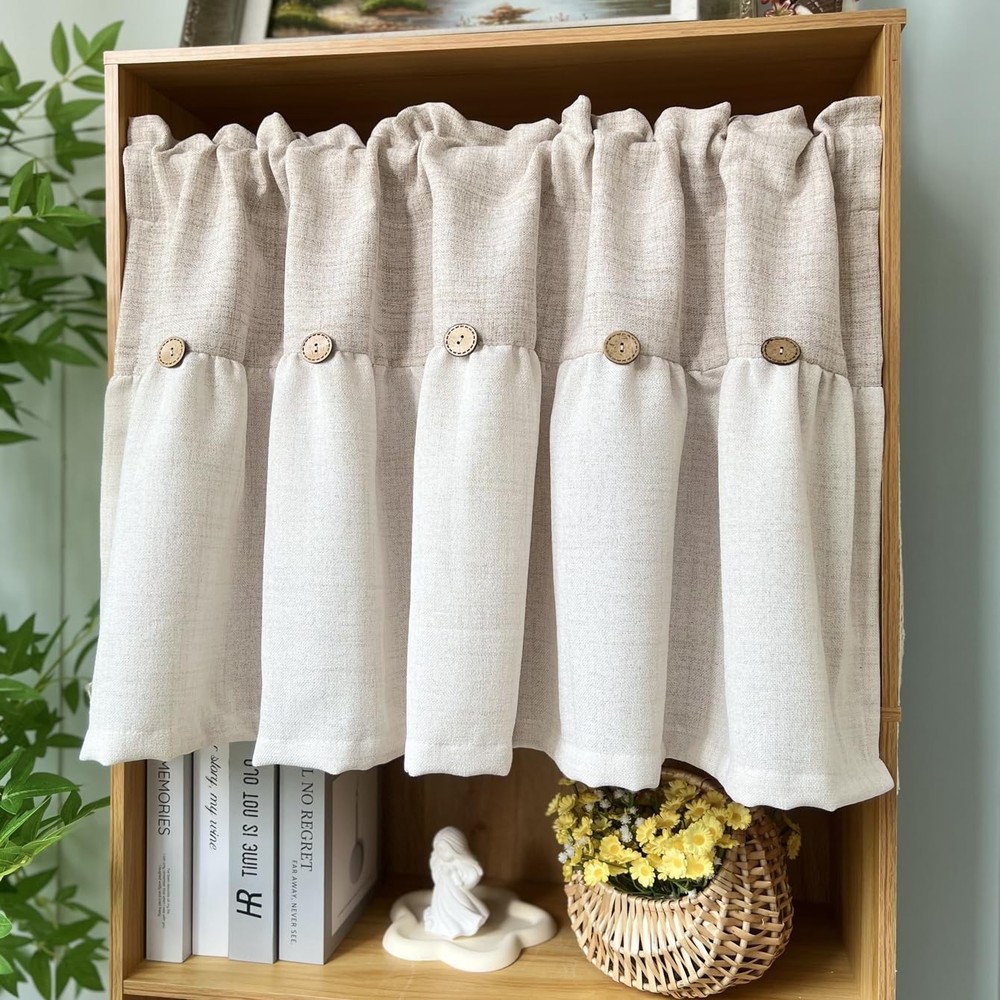 Farmhouse Boho Linen Button Valance for Kitchen Window Dining Room Rustic Caf...