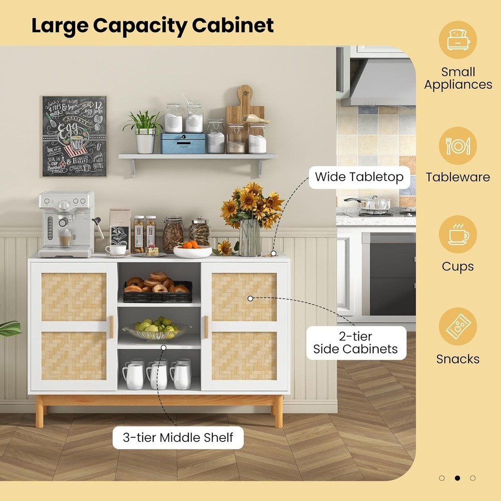 Buffet Sideboard Kitchen Storage Cabinet W/ 3 Open Shelves & 2 Side Cabinets 48”