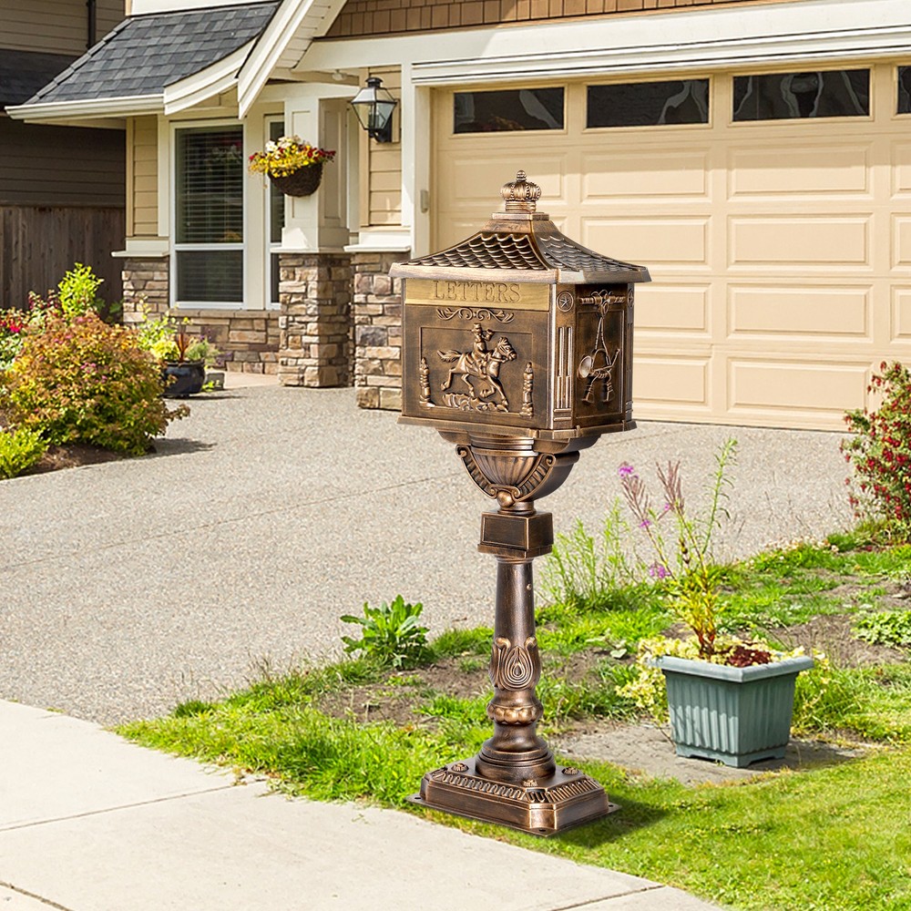 Decorative Large Mailbox with Post, Heavy Duty Cast Aluminum Postal Mail Box