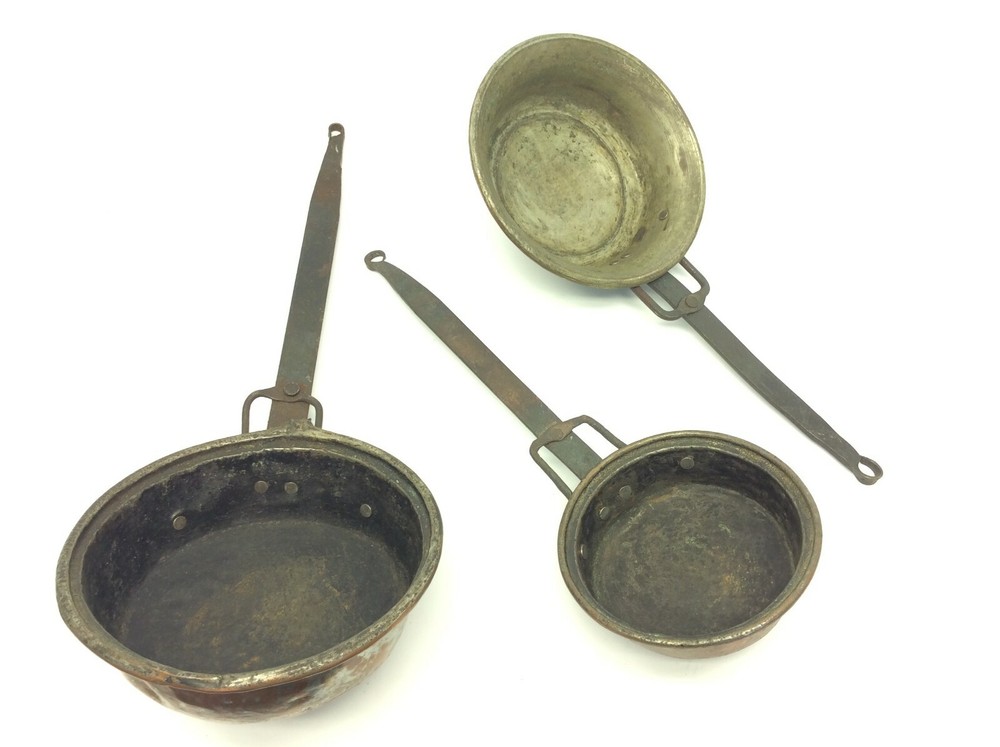 Set Three Forged Handle Iron Copperware Old Cookware Skillets Pans