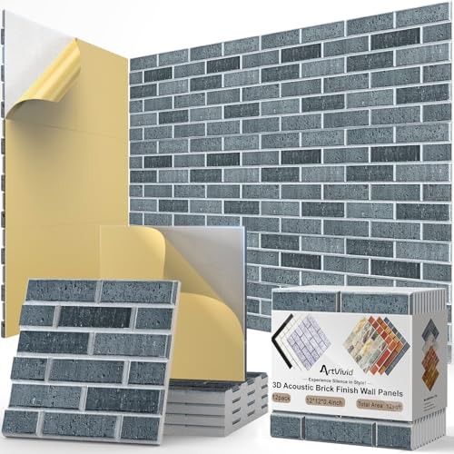 12Pack Acoustic Panels, Self-Adhesive 3D Brick Pattern 12"×12"-Brick Lime Black