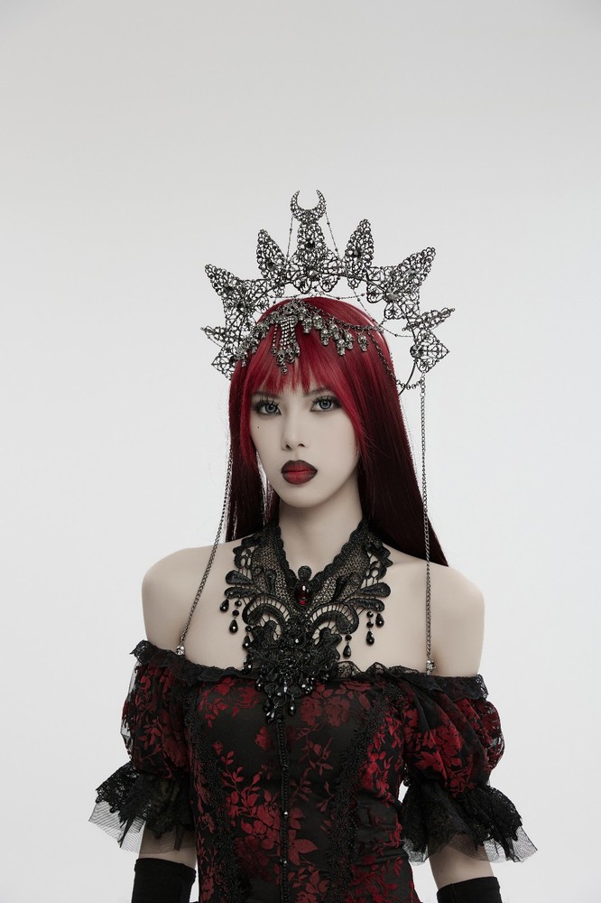 Gothic Moon Crescent Spiked Crown Headpiece with Beaded Fringe