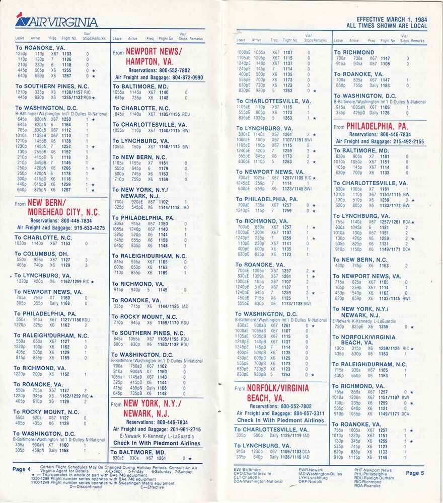 Air Virginia timetable 1984/03/01