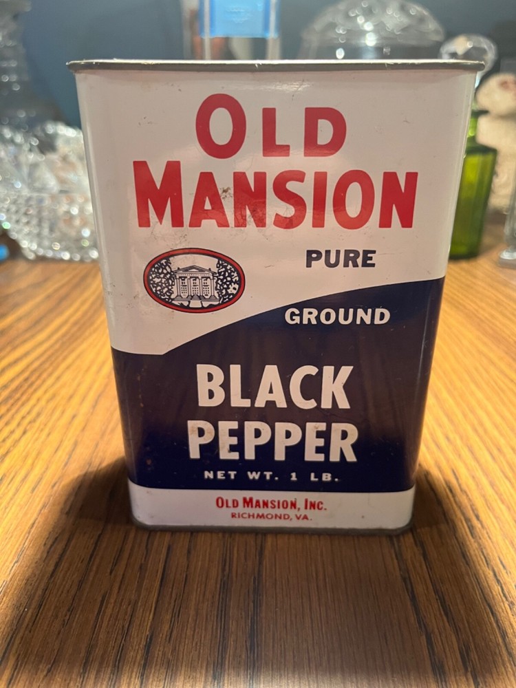 Vintage old Mansion Black  Pepper Tin- Half Full