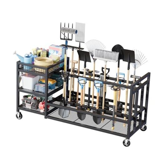 Garden Tool Organizer with Wheels-Movable Garden Tool Rack with Storage Hooks