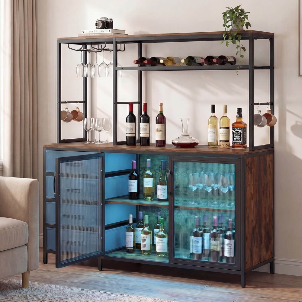 Sideboard Buffet Cabinet w/ LED Lights, 55" Coffee Table w/ Power Outlets