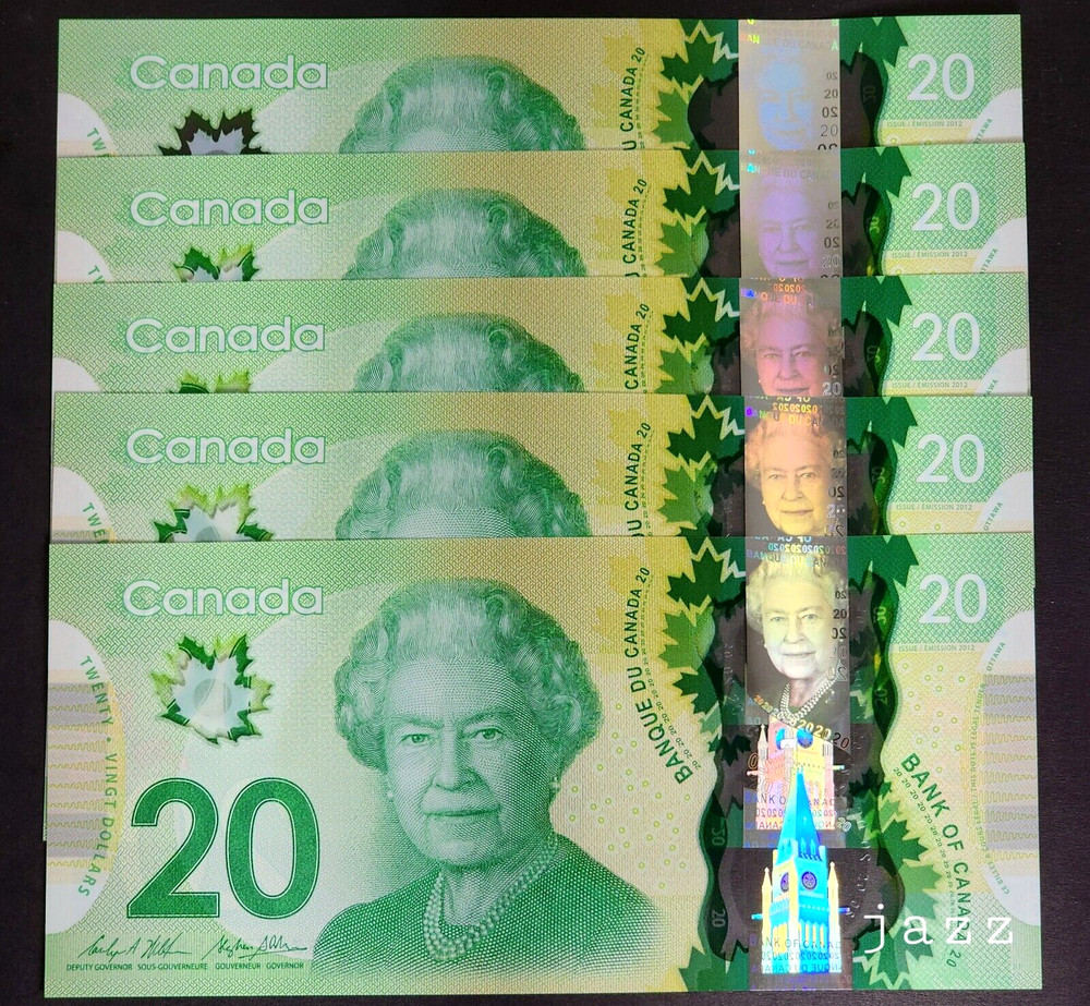 SET 5x 2012 Canada Banknote $20 Twenty Dollar Polymer Sequential Order UNC