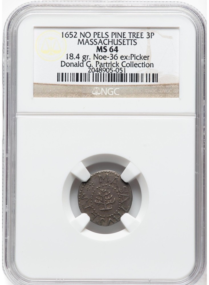 1652 PINE TREE 3PENCE NGC MS 64