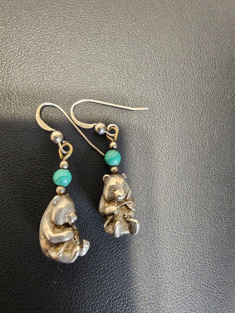 Vintage Sterling Silver Malachite Panda Bear Earrings