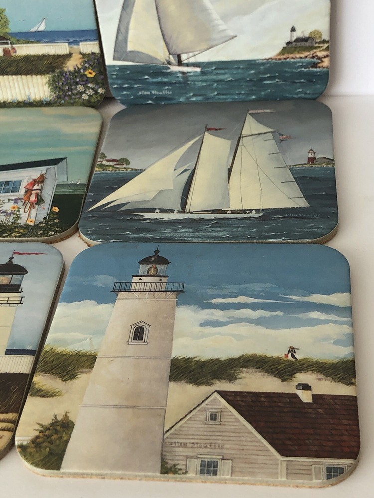 Six Cork Coasters, Featuring Lighthouses and Tall ships.