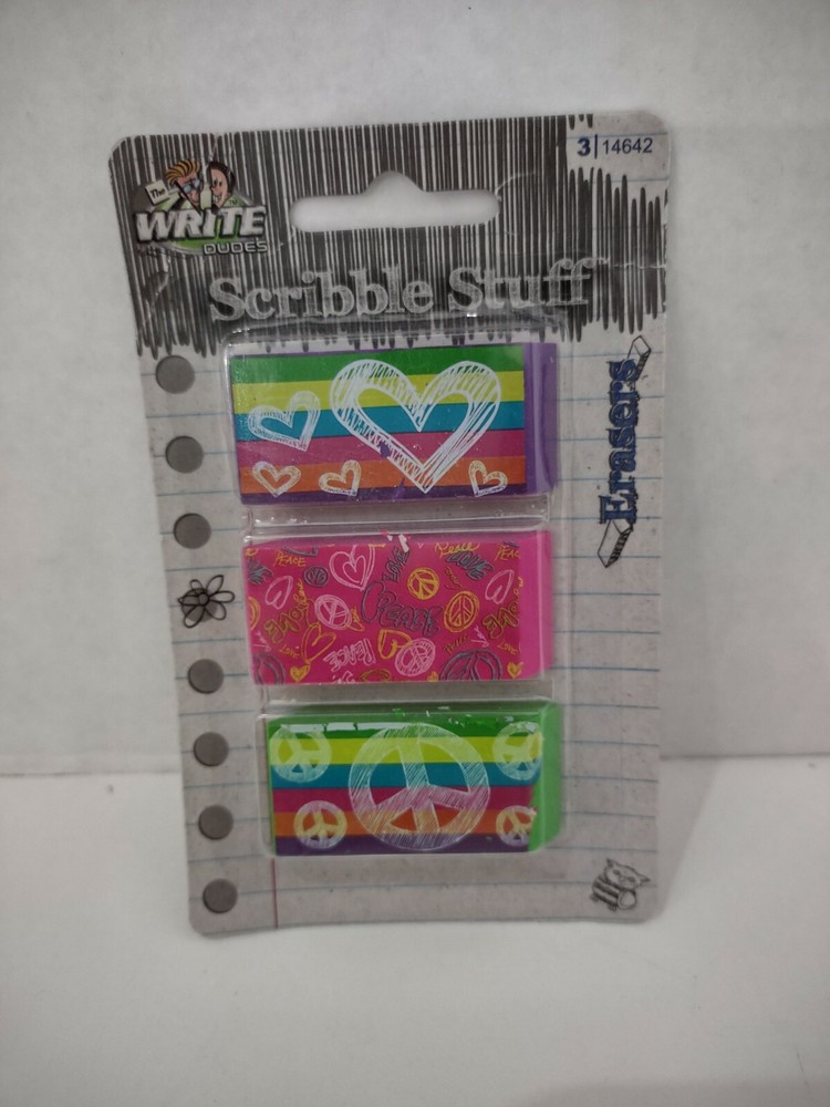 3 Scribble Stuff Hippy Erasers New Sealed Peace Sign
