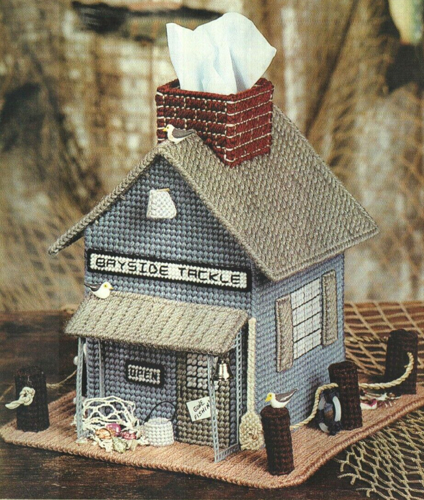 BAYSIDE TACKLE SHOP TISSUE BOX COVER PLASTIC CANVAS PATTERN INSTRUCTIONS
