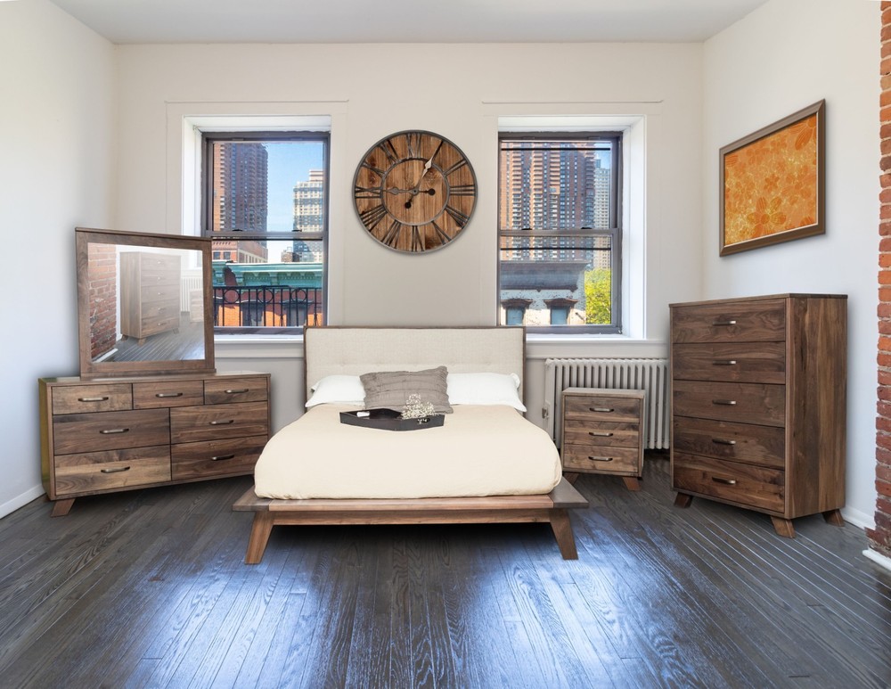 Rustic Walnut Platform Bedroom Set Solid Wood Modern 5 Piece
