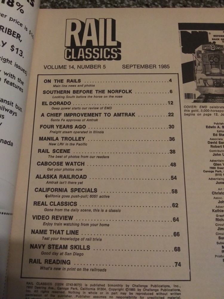 Rail Classics Magazine September 1985 Excellent Condition