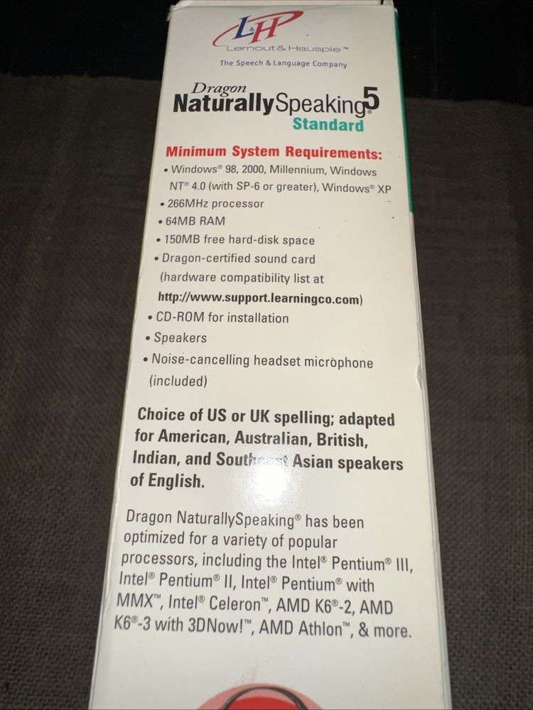 DRAGON NATURALLY SPEAKING 5 SPEECH RECOGNITION SOFTWARE FOR WINDOWS 98