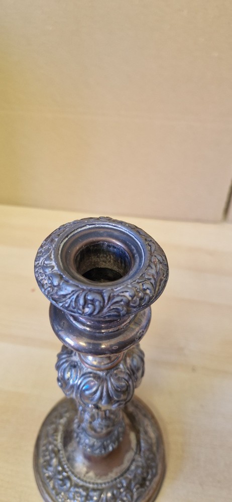 Antique Weighted Silverplate on Copper Candlestick Embossed Pattern 25cm Tall