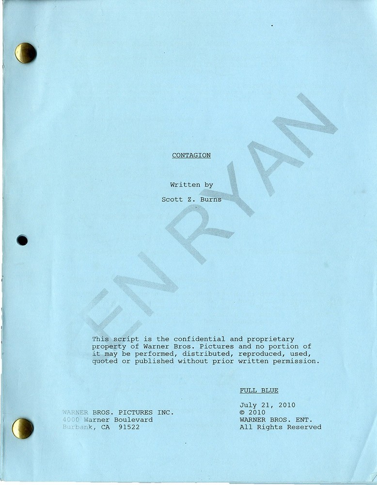 CONTAGION (Jul 21, 2010) Full Blue script for Steven Soderbergh medical thriller
