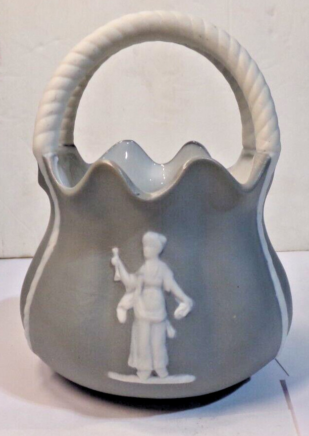 Vintage JASPERWARE Gray Basket Double Handle 5.75" tall unbranded
