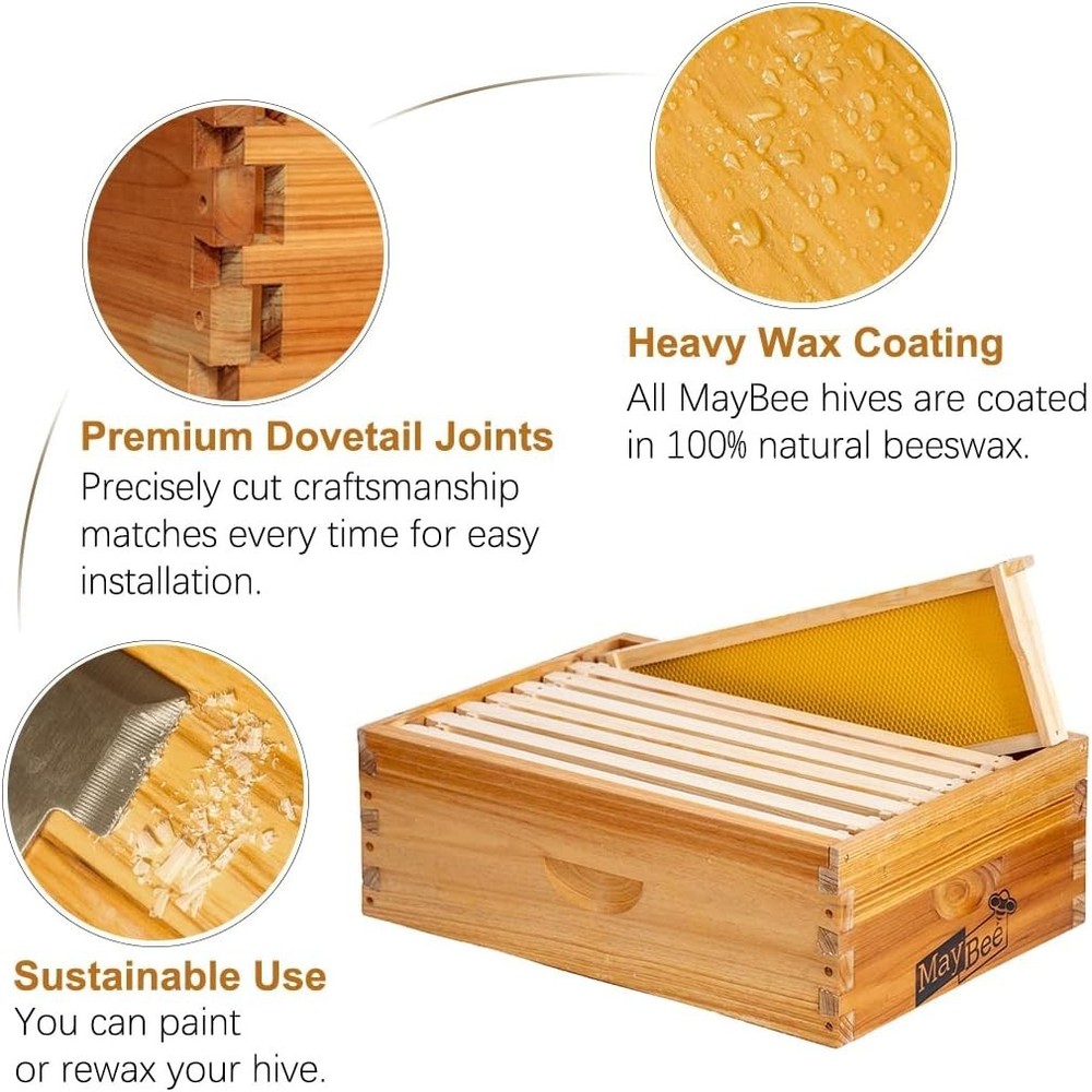 10 Frame Langstroth Medium Bee Hive Box Wax Coated Unassembled Frames Kit