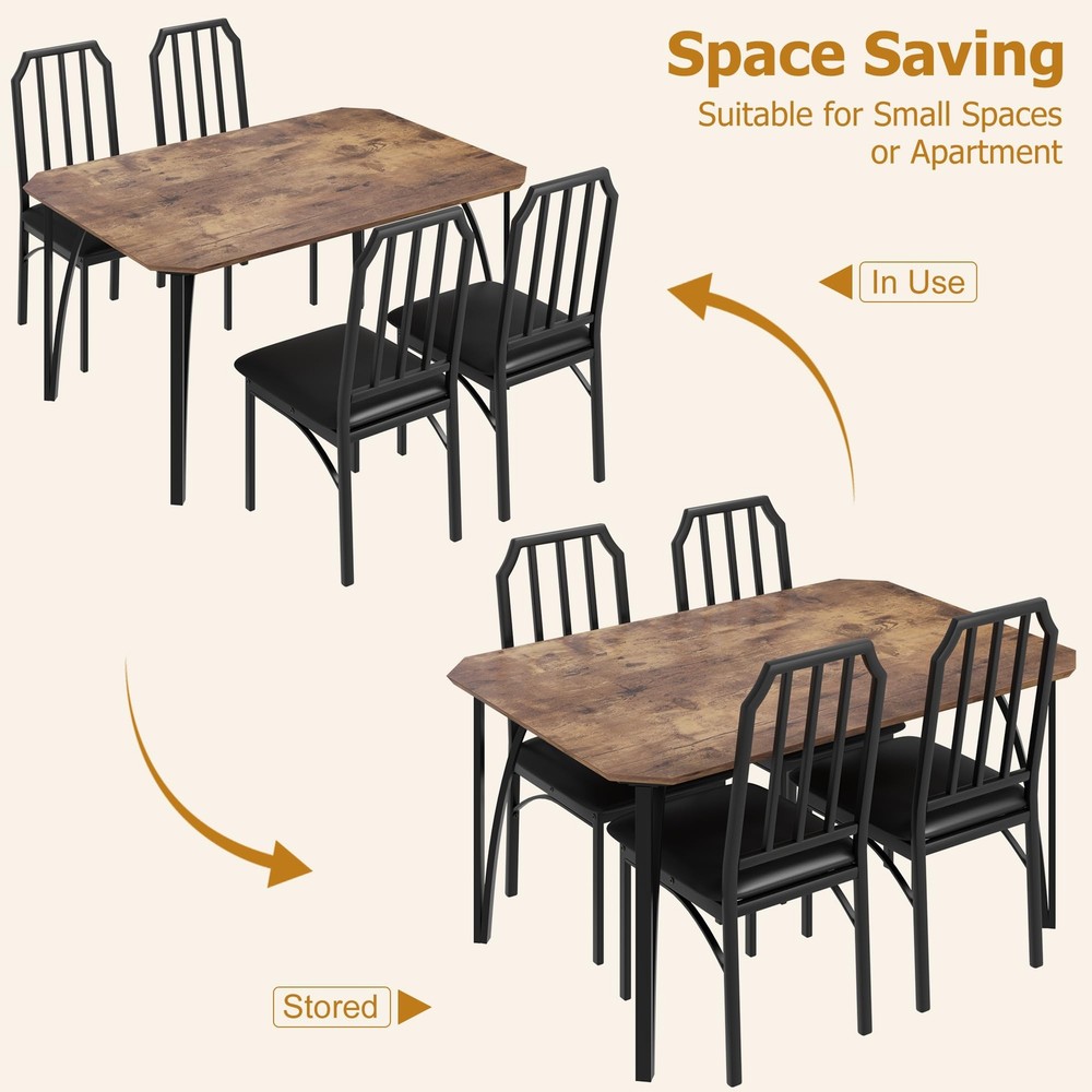 5-Piece Dining Set, Table with Chamfered Edges&Cushioned Chairs for Small Spaces