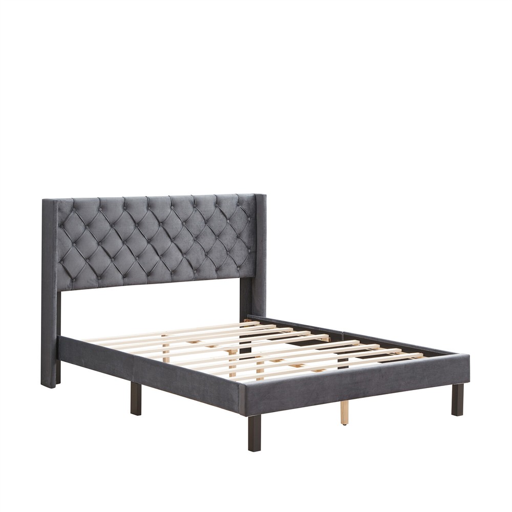 Queen Size Bed Frame Upholstered Platform Bed w/ Upholstered Headboard US