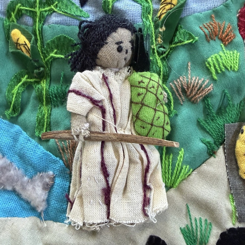 3D Peruvian arpillera textile, handmade folk art wall hanging patchwork appliqué