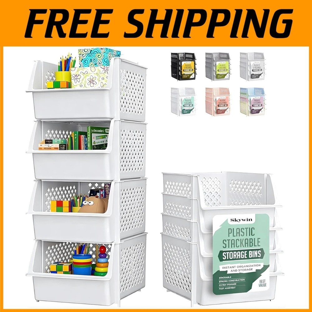 TidyFriend Stackable Storage Bins, 4 Pack - White