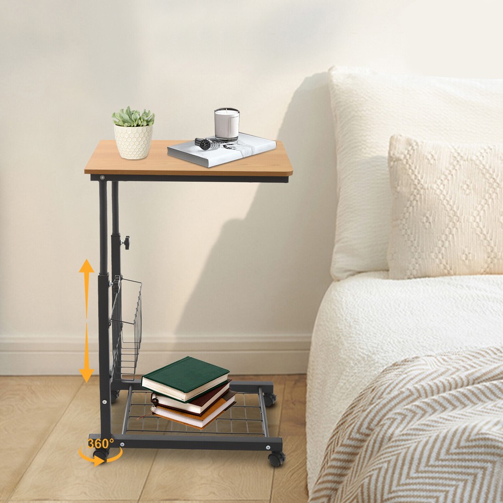 Height-Adjustable Teak Side Table with Wheels - 2 Tiers for Easy Storage
