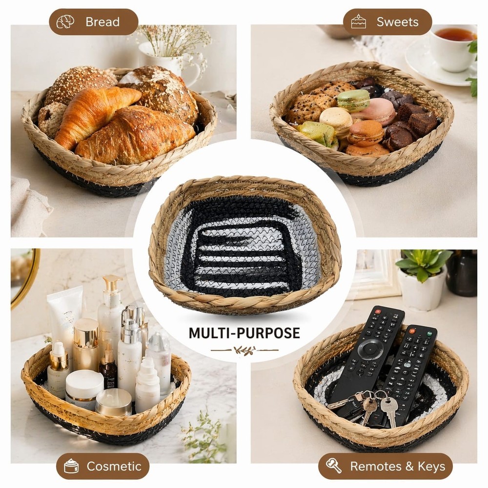 Handmade Woven Bread Basket Square Straw Fruit Snack Organizer