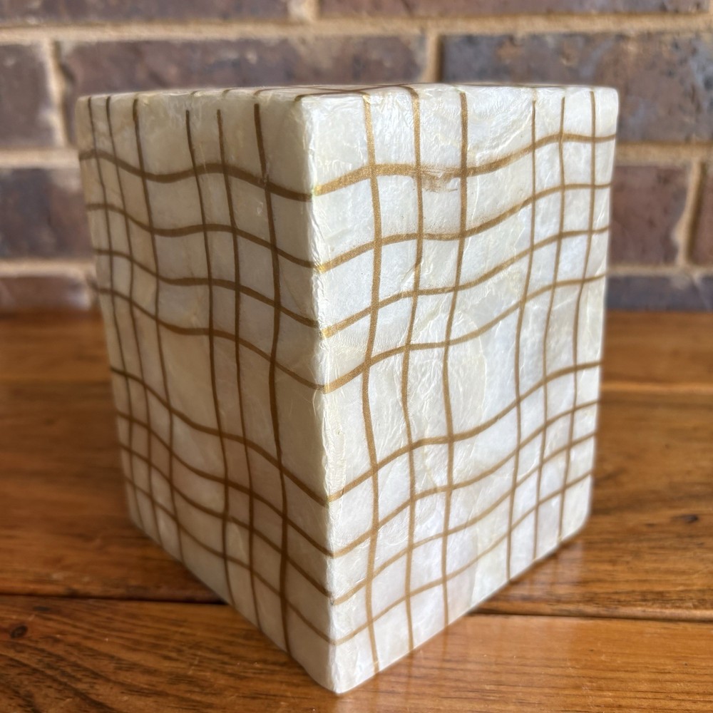 Capiz Shell Square Tissue Box Cover With Gold Plaid Pattern
