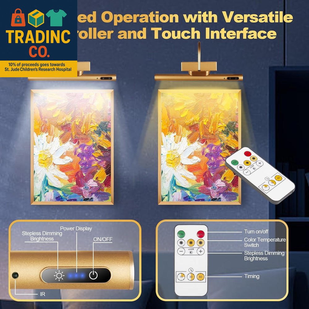 Dimmable Cordless Picture Light with Controller and Timer, Rechargeable 5000Mah