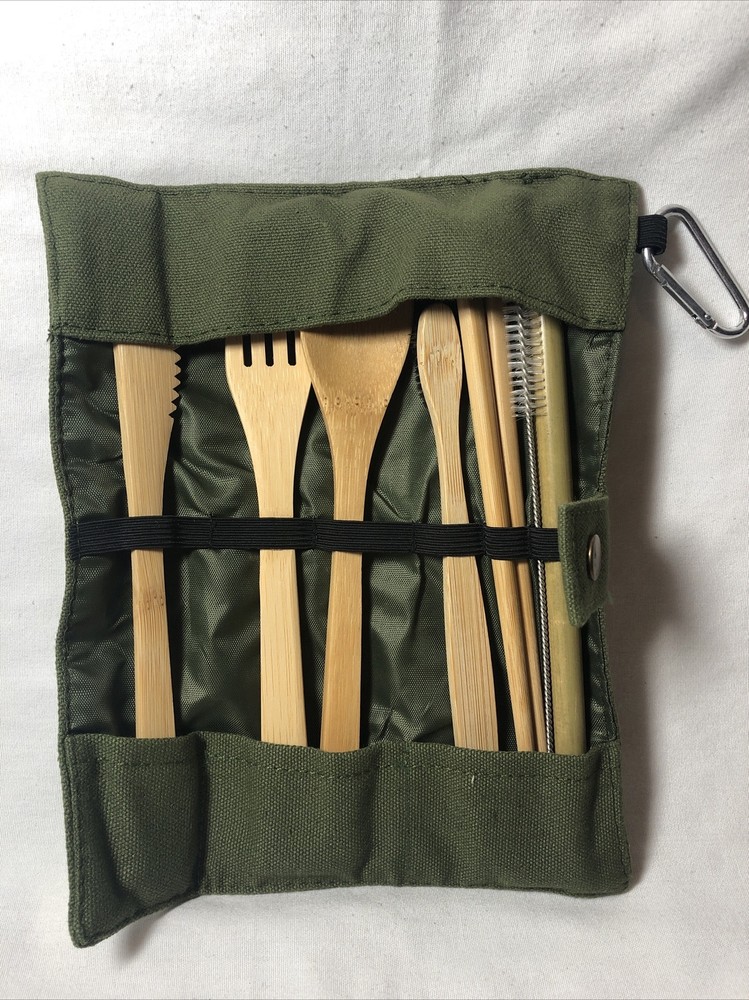 Solid Bamboo Individual Silverware Straw Chopsticks Set Roll up Case & 2 Brushes
