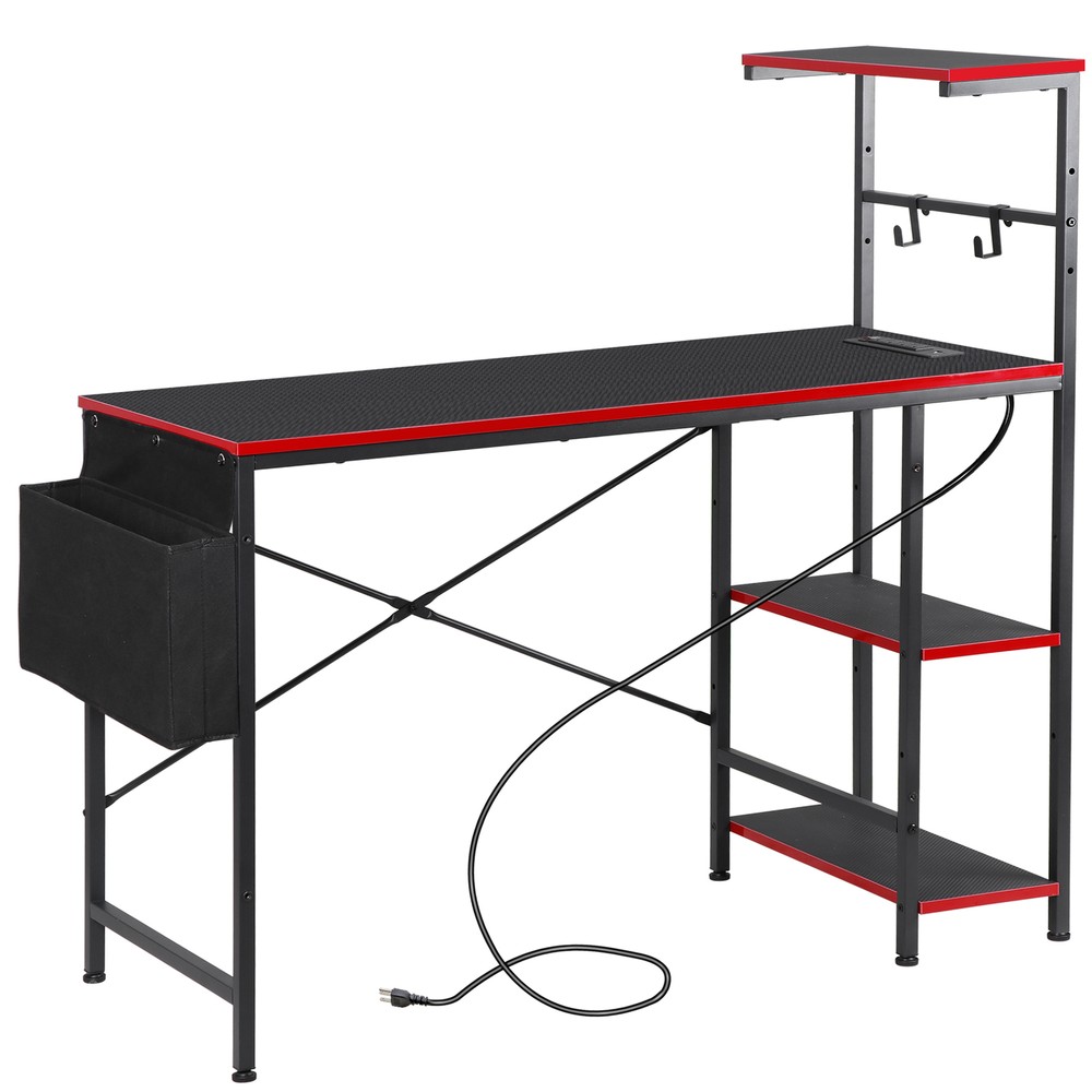 44" Computer Desk Rectangular Gaming Desk with LED Lights & Power Outlets Black