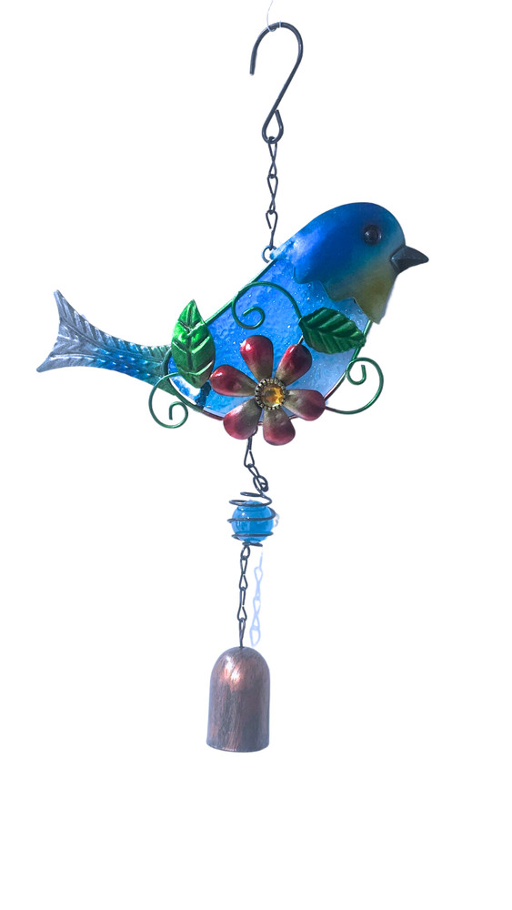 Hanging Blue Bird Sculpture with Bell