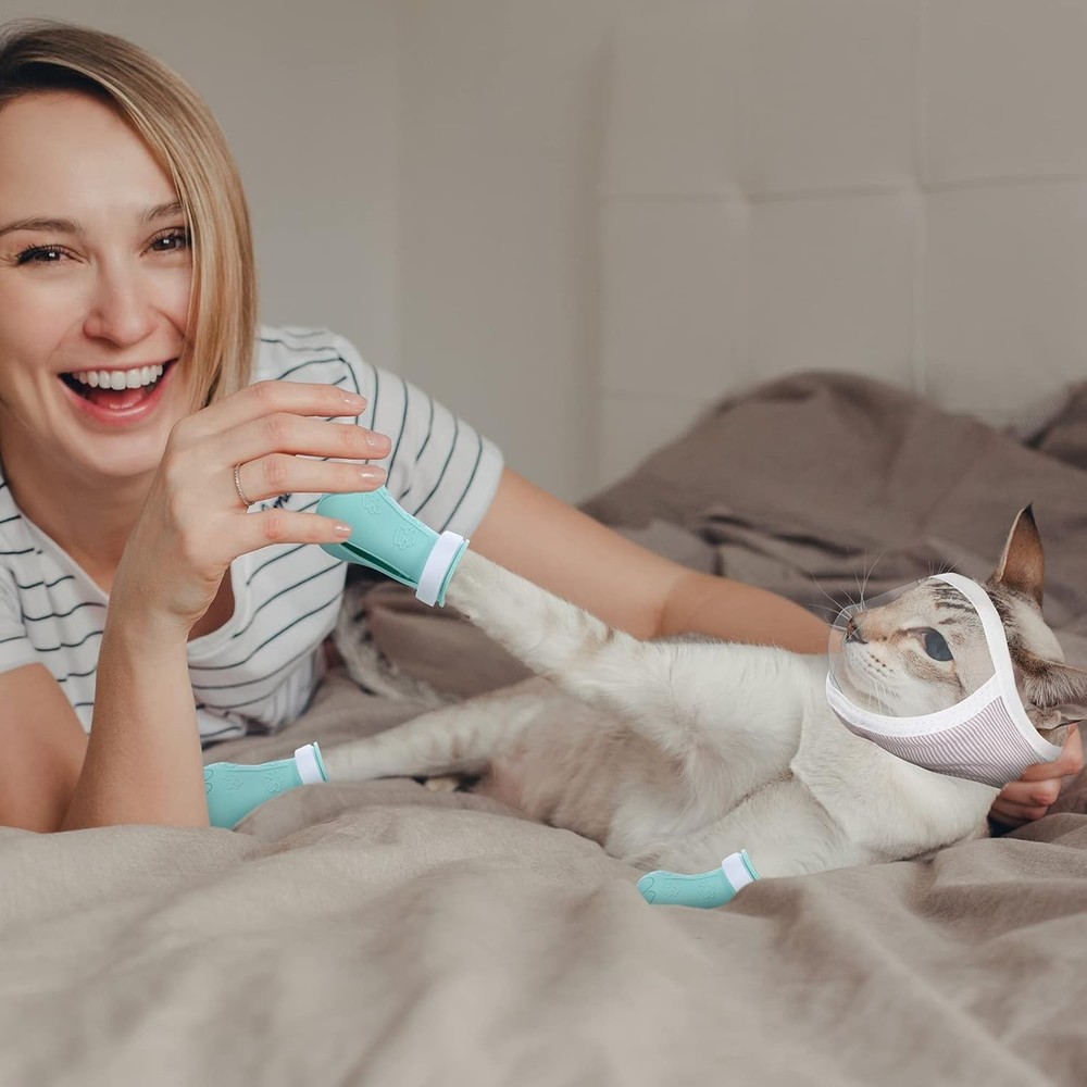 Cat Muzzle Grooming Kit with Silicone Boots Breathable Face Guard Cat Covers
