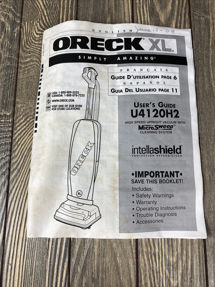 Oreck XL U4120H2 Replacement Piece Part Users Guide